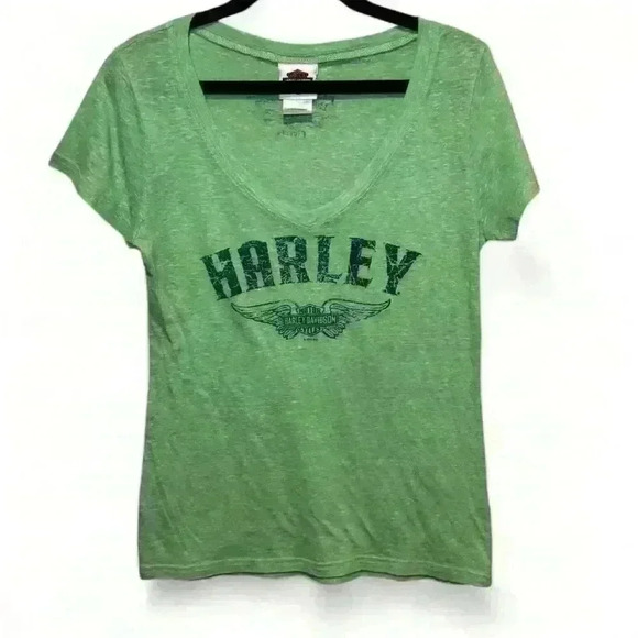 Harley-Davidson -PCB-Women's Green Graphic Tee Shirt Size L V-Neck Casual - Picture 1 of 6